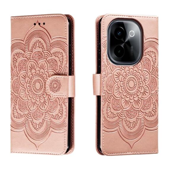 Custodia in pelle per telefono con motivo in rilievo Sun Mandala per vivo Y200 5G (oro rosa)