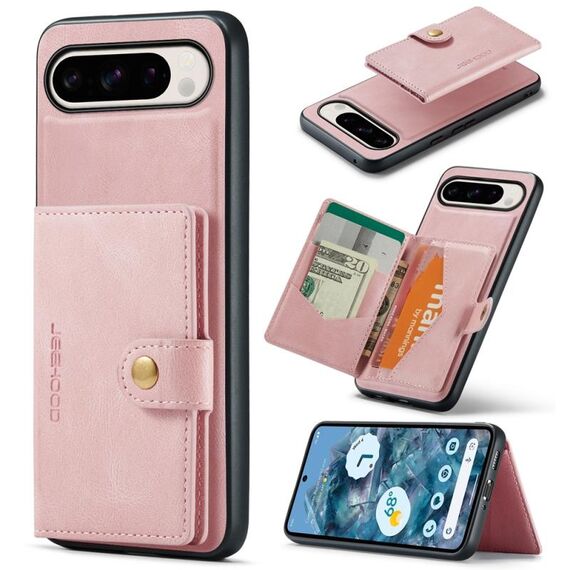 Per Google Pixel 9 Pro JEEHOOD J01 Custodia a portafoglio magnetica retrò staccabile (rosa)