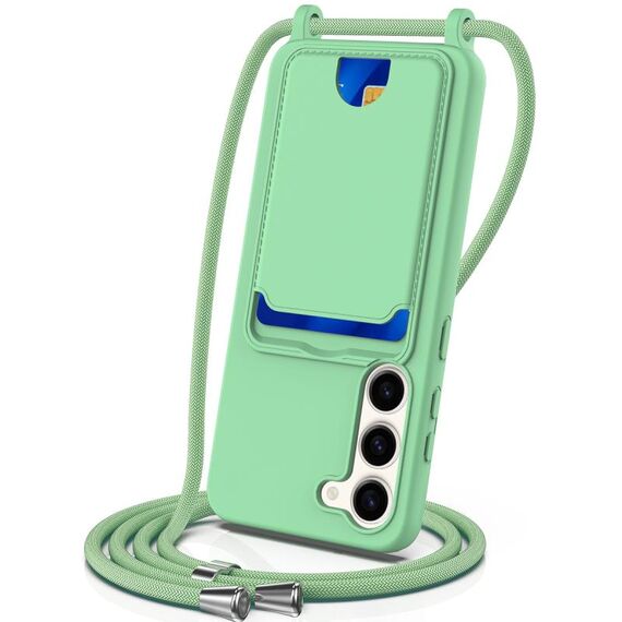 Per Samsung Galaxy S23+ 5G Borsa per carte integrata Custodia per telefono in silicone liquido tinta unita con cordino (verde)