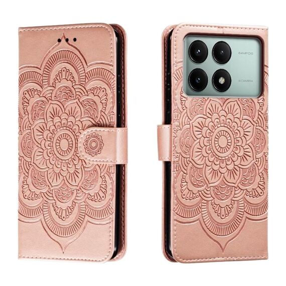 Custodia in pelle per telefono con motivo in rilievo Sun Mandala per Xiaomi Redmi K70E (oro rosa)