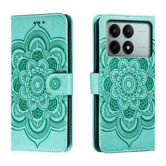 Custodia in pelle per telefono con motivo in rilievo Sun Mandala per Xiaomi Redmi K70E (verde)