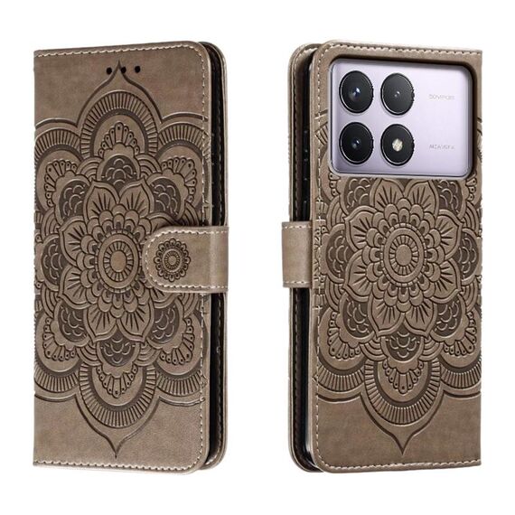 Custodia in pelle per telefono con motivo in rilievo Sun Mandala per Xiaomi Redmi K70 (grigio)