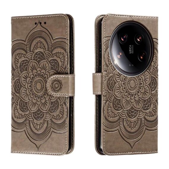Per Xiaomi 14 Custodia in pelle per telefono con motivo in rilievo Mandala Ultra Sun (grigio)