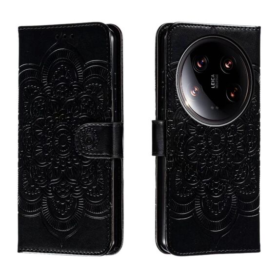 Per Xiaomi 14 Custodia in pelle per telefono con motivo in rilievo Mandala Ultra Sun (nera)