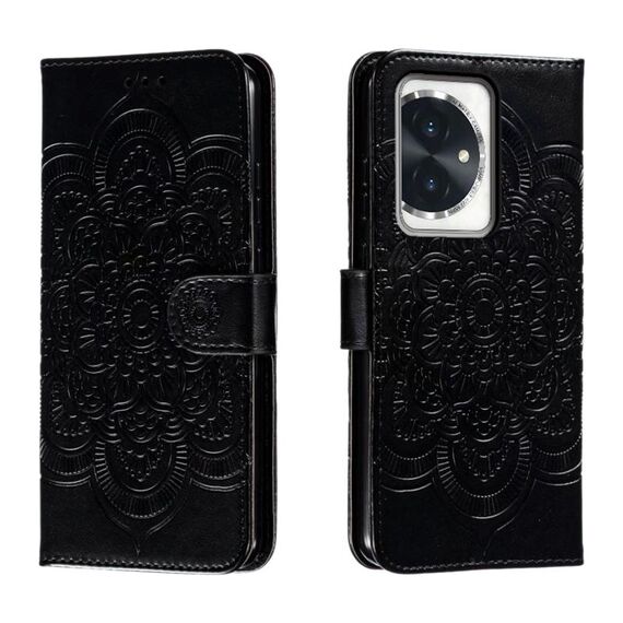 Custodia in pelle per telefono con motivo in rilievo Sun Mandala per Honor 100 (nera)