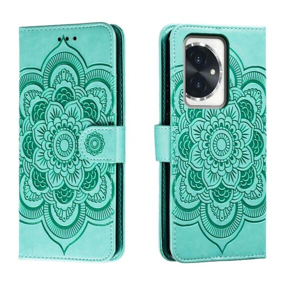 Custodia in pelle per telefono con motivo in rilievo Sun Mandala per Honor 100 (verde)