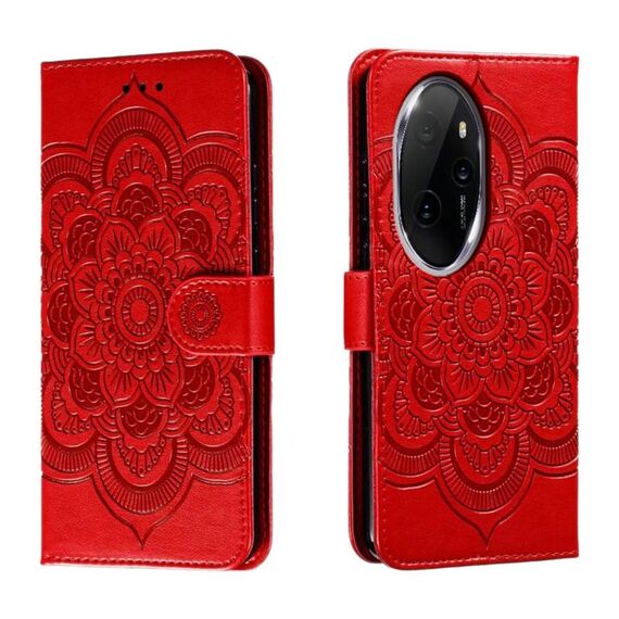 Custodia in pelle per telefono con motivo in rilievo Sun Mandala per Honor 100 Pro (rosso)
