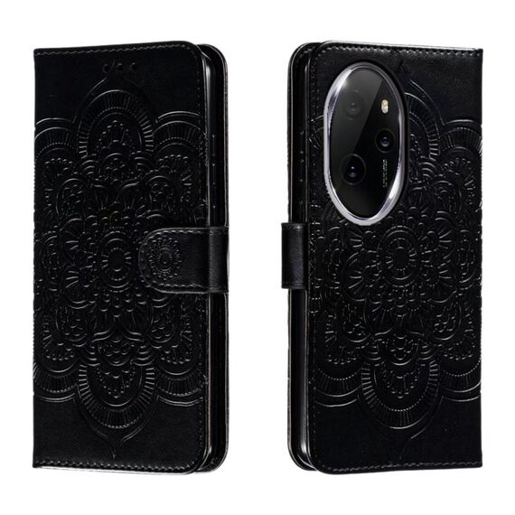 Custodia in pelle per telefono con motivo in rilievo Sun Mandala per Honor 100 Pro (nera)