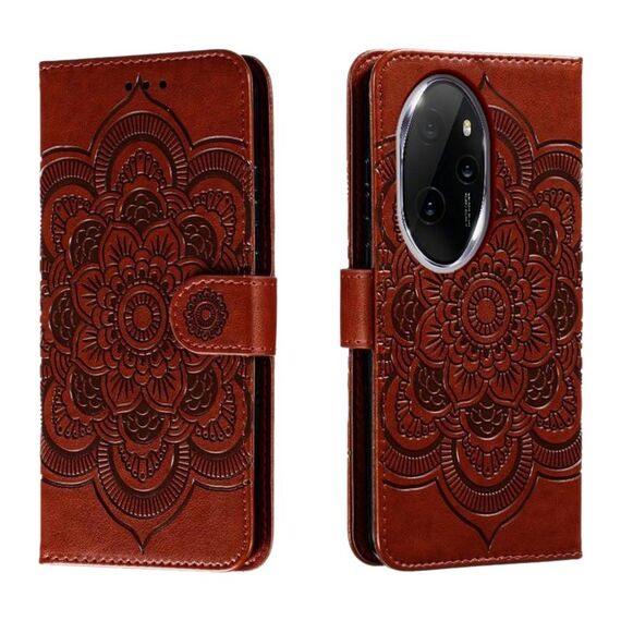 Custodia in pelle per telefono con motivo in rilievo Sun Mandala per Honor 100 Pro (marrone)