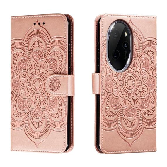 Custodia in pelle per telefono con motivo in rilievo Sun Mandala per Honor 100 Pro (oro rosa)