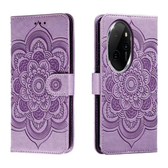 Custodia in pelle per telefono con motivo in rilievo Sun Mandala per Honor 100 Pro (viola)