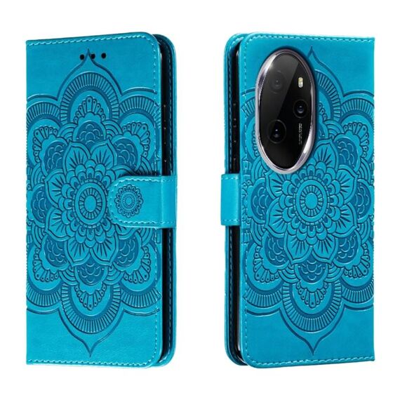 Custodia in pelle per telefono con motivo in rilievo Sun Mandala per Honor 100 Pro (blu)