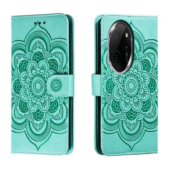 Custodia in pelle per telefono con motivo in rilievo Sun Mandala per Honor 100 Pro (verde)
