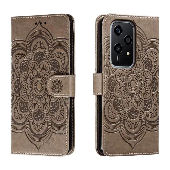 Custodia in pelle per telefono con motivo in rilievo Global Sun Mandala per Honor 200 Lite (grigio)