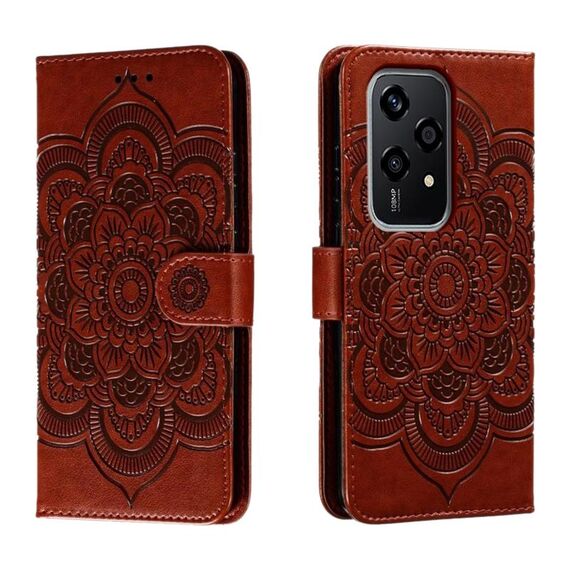 Custodia in pelle per telefono con motivo in rilievo Global Sun Mandala per Honor 200 Lite (marrone)
