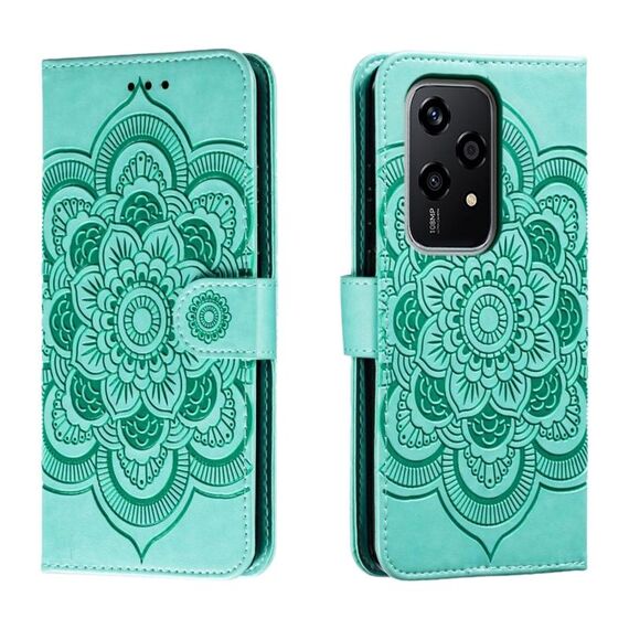 Custodia in pelle per telefono con motivo in rilievo Global Sun Mandala per Honor 200 Lite (verde)