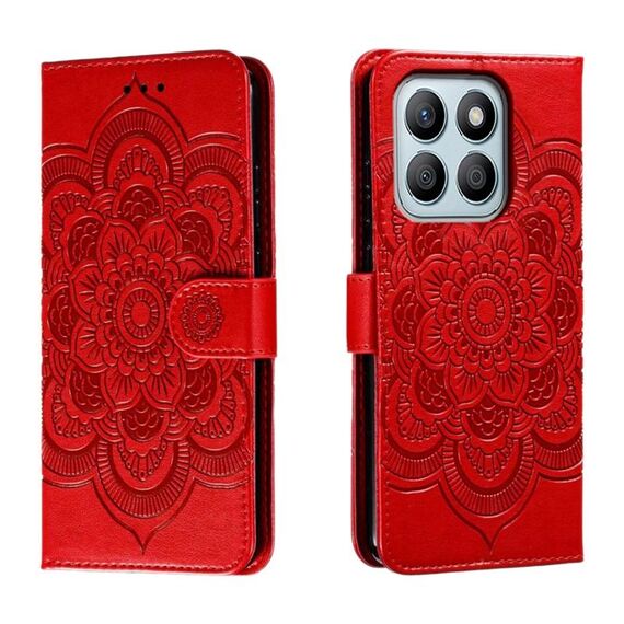 Custodia in pelle per telefono con motivo in rilievo Sun Mandala per Honor X8B (rossa)