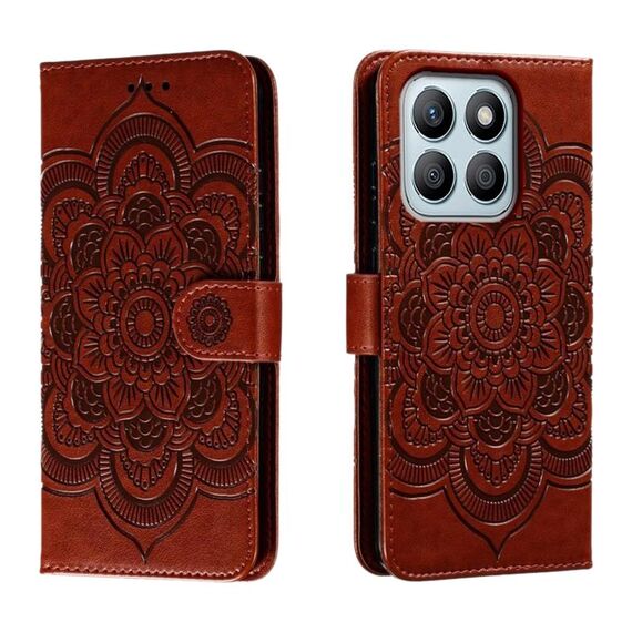 Custodia in pelle per telefono con motivo in rilievo Sun Mandala per Honor X8B (marrone)