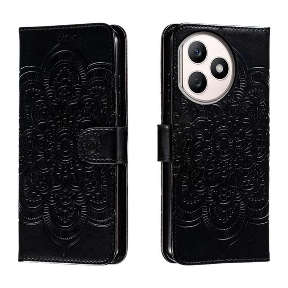 Custodia in pelle per telefono con motivo in rilievo Sun Mandala per Honor X50i+ (nera)