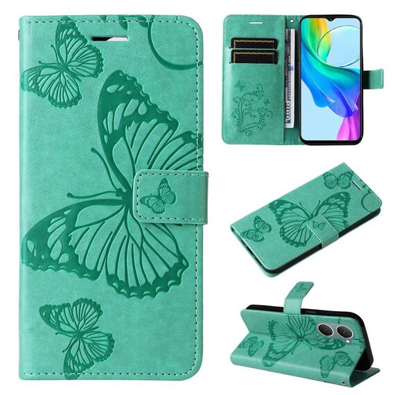 Per vivo Y03 Custodia per cellulare in pelle con motivo a farfalla 3D in rilievo (verde)