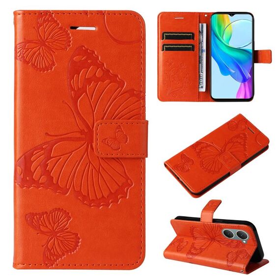 Per vivo Y03 Custodia per cellulare in pelle con motivo a farfalla 3D in rilievo (arancione)