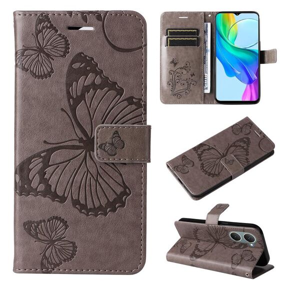 Per vivo Y03 Custodia per cellulare in pelle con motivo a farfalla 3D in rilievo (grigio)