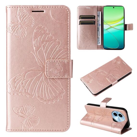 Per vivo Y38 / Y200i / T3x Custodia per cellulare in pelle con motivo a farfalla 3D globale in rilievo (oro rosa)