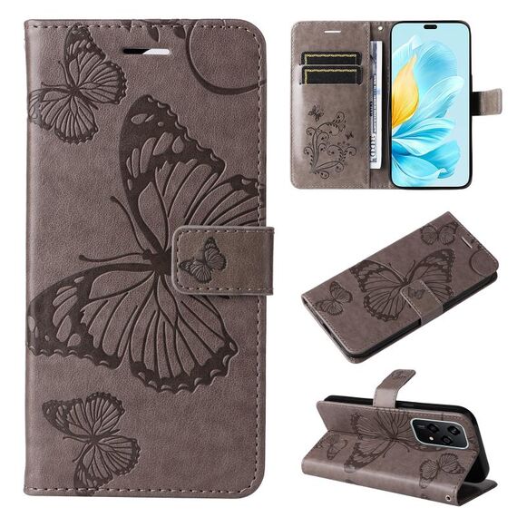 Per Honor 200 Lite Custodia per cellulare in pelle con motivo a farfalla 3D globale in rilievo (grigio)