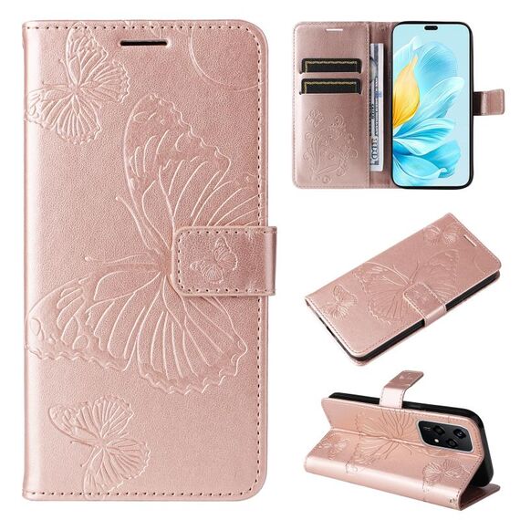 Per Honor 200 Lite Custodia per cellulare in pelle con motivo a farfalla 3D globale in rilievo (oro rosa)