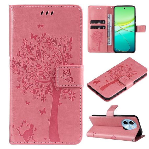 Per vivo Y38 / Y200i / T3x Custodia per telefono in pelle con motivo in rilievo albero e gatto globale (rosa)