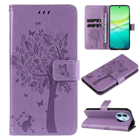 Custodia per cellulare in pelle con motivo a rilievo Global Tree & Cat per vivo Y38 / Y200i / T3x (viola chiaro)