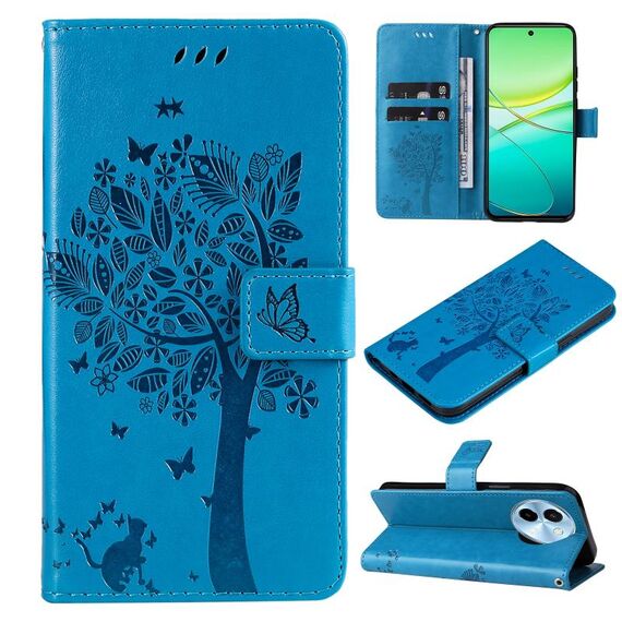Per vivo Y38 / Y200i / T3x Custodia per telefono in pelle con motivo in rilievo albero e gatto (blu)