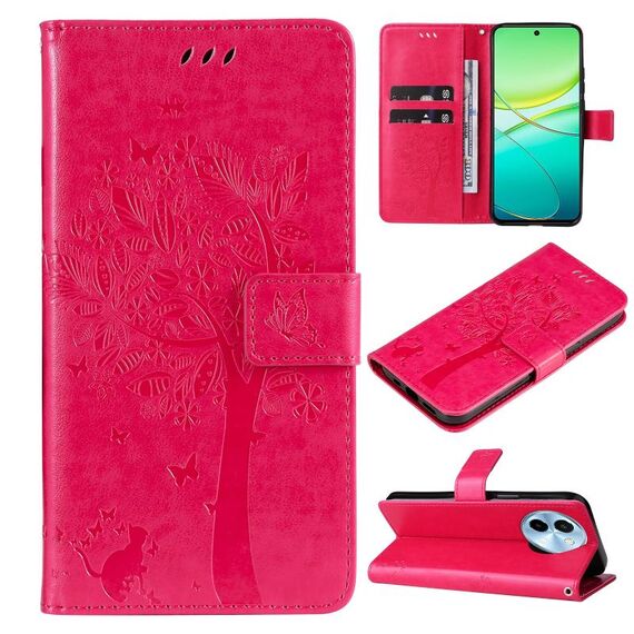 Per vivo Y38 / Y200i / T3x Global Tree & Cat Custodia in pelle con motivo in rilievo (Rosa rossa)