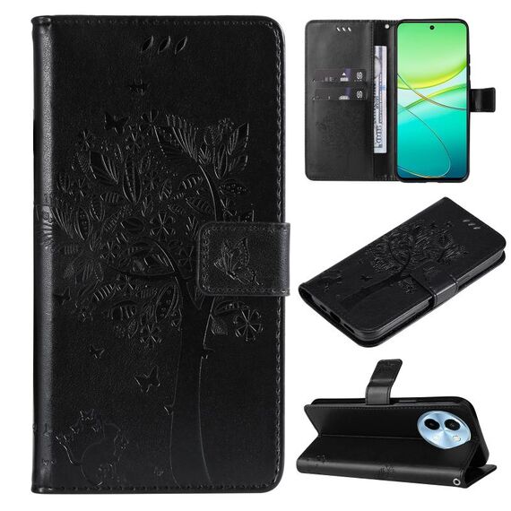 Custodia per cellulare in pelle con motivo a rilievo Global Tree & Cat per vivo Y38 / Y200i / T3x (nera)