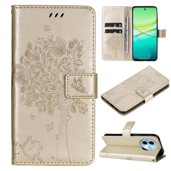 Custodia per cellulare in pelle con motivo a rilievo Global Tree & Cat per vivo Y38 / Y200i / T3x (Oro)