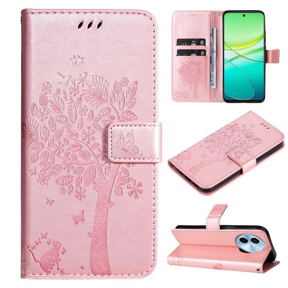 Custodia per cellulare in pelle con motivo a rilievo Global Tree & Cat per vivo Y38 / Y200i / T3x (oro rosa)