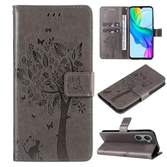 Custodia per cellulare in pelle con motivo albero e gatto in rilievo per vivo Y03 (grigio)
