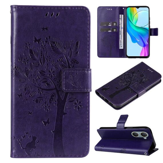 Custodia per cellulare in pelle con motivo albero e gatto in rilievo per vivo Y03 (viola)