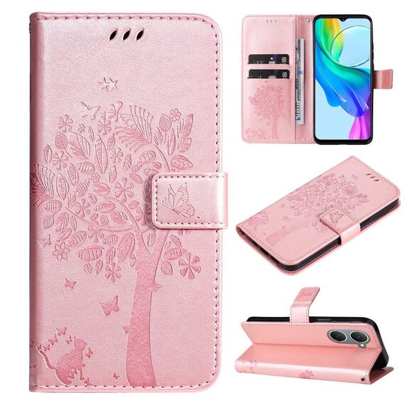Custodia per cellulare in pelle con motivo albero e gatto in rilievo per vivo Y03 (oro rosa)
