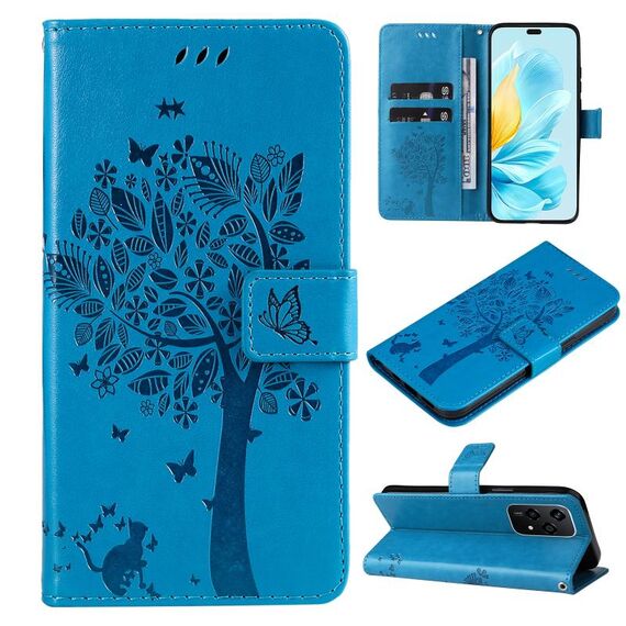 Custodia per cellulare in pelle con motivo a rilievo Global Tree & Cat per Honor 200 Lite (blu)