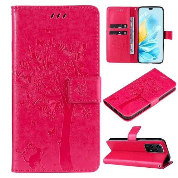Custodia per telefono in pelle Flip con motivo globale albero e gatto in rilievo per Honor 200 Lite (rosa rosso)