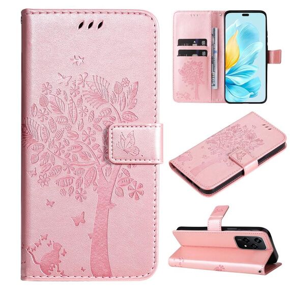 Custodia per cellulare in pelle con motivo a rilievo Global Tree & Cat per Honor 200 Lite (oro rosa)