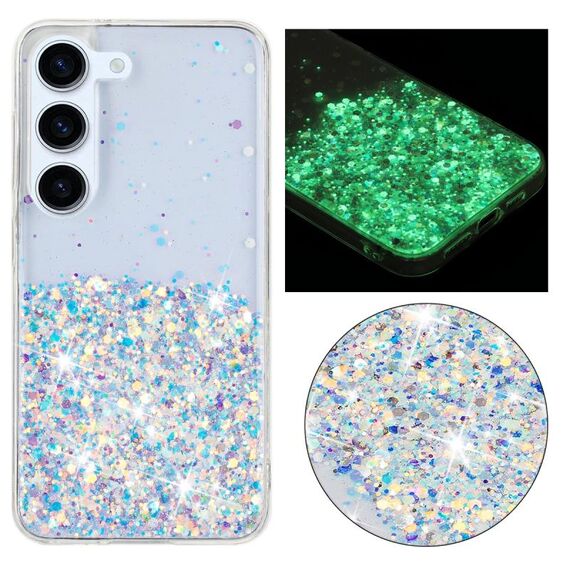 Per Samsung Galaxy S23+ 5G Custodia per telefono in TPU con polvere glitterata nottilucente con cornice trasparente (bianca)