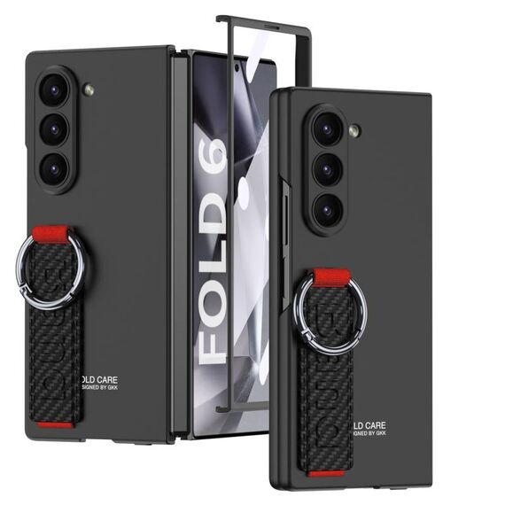 Per Samsung Galaxy Z Fold6 GKK Custodia per telefono con anello per cinturino da polso laterale con foro accurato integrato (fibra di carbonio nera)