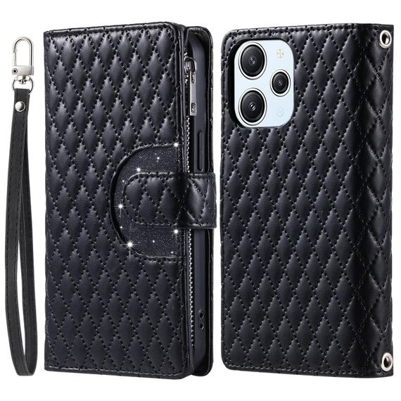 Per Xiaomi Redmi 13 4G Glitter Lattice Custodia a portafoglio in pelle con cerniera (Nero)