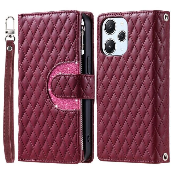 Per Xiaomi Redmi 13 4G Glitter Lattice Custodia a portafoglio in pelle con cerniera (vino rosso)