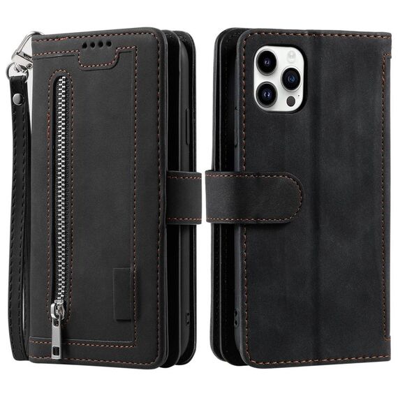 Per Xiaomi Redmi 13 4G Custodia in pelle con cerniera per nove carte con cordino (nero)