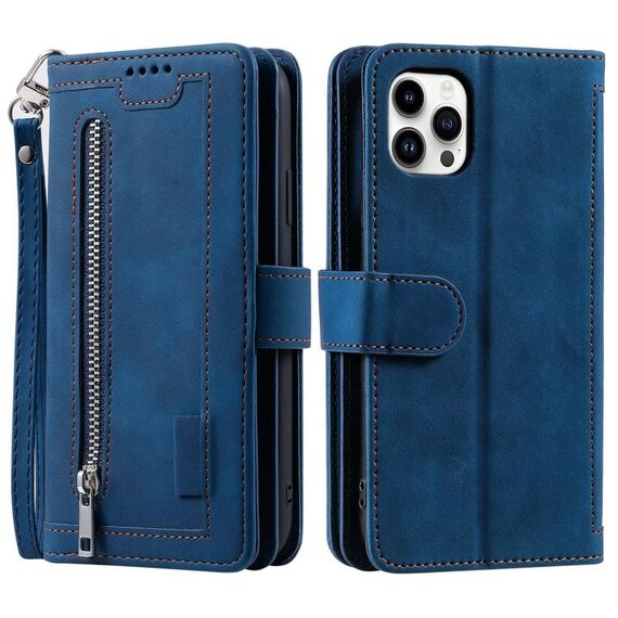 Per Xiaomi Redmi 13 4G Custodia in pelle con cerniera per nove carte con cordino (blu)