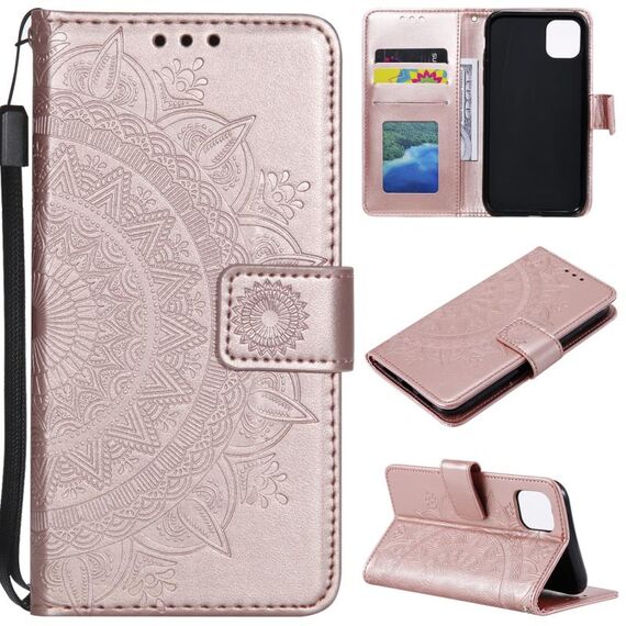 Per Xiaomi Redmi 13 4G Custodia in pelle goffrata con motivo a fiori Totem con cordino (oro rosa)