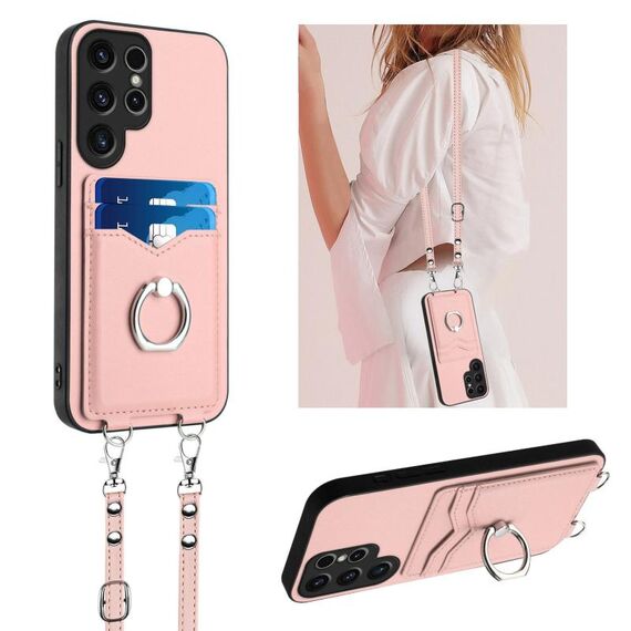 Per Samsung Galaxy S22 Ultra 5G R20 Custodia per telefono con anello a tracolla e carta (rosa)